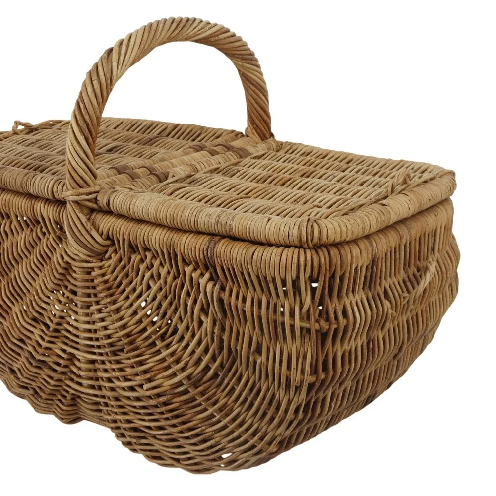 Vintage French Country Wicker Picnic Basket Double Bottom Rattan Hinged Lid